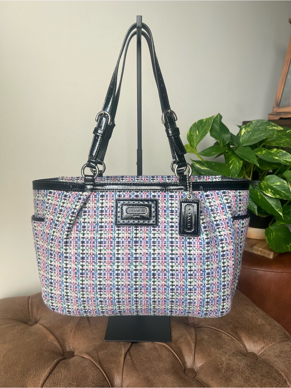 Coach Multicolor Tweed Tote Bag with Black Trim
